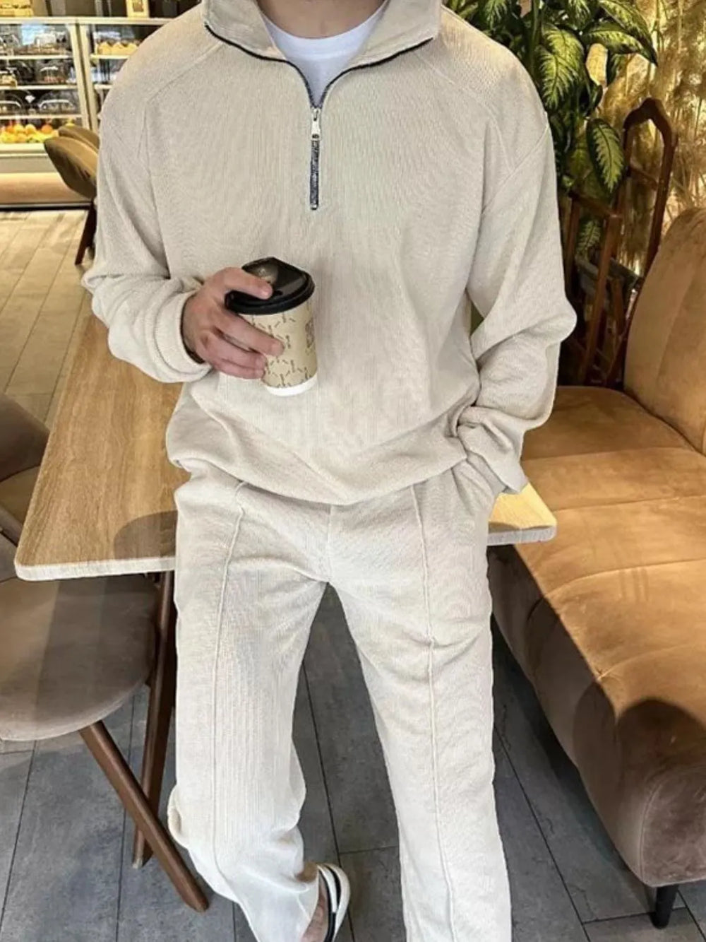 Men's Full Size Half Zip Long Sleeve Top and Pants Plus Size.
