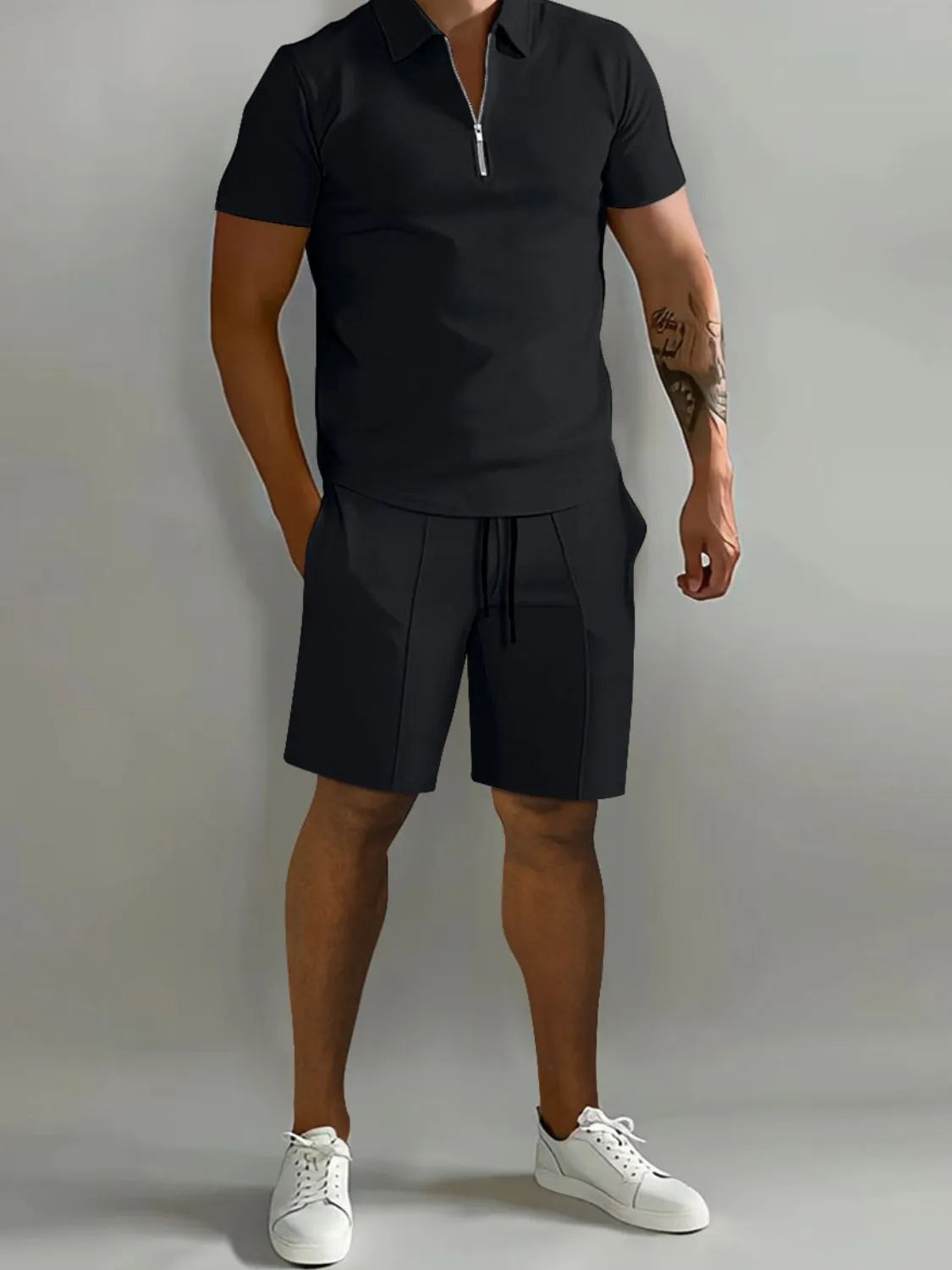 Men's Full Size Collared Neck Short Sleeve Top and Shorts Set Plus Size.
