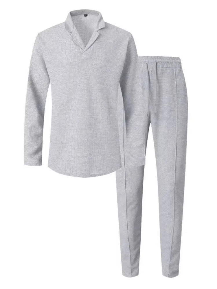 Men's Full Size Waffle-Knit Long Sleeve Top and Pants Set Plus Size.