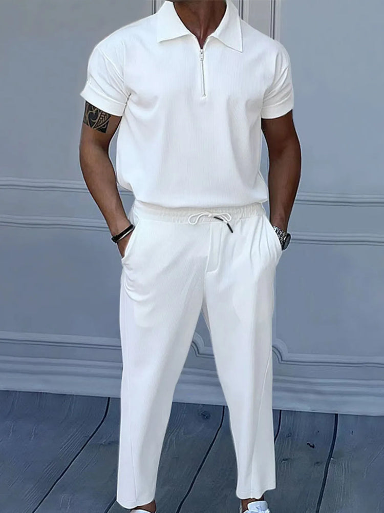 
                  
                    Men's Full Size Quarter Zip Short Sleeve Polo and Pants Set Plus Size.
                  
                