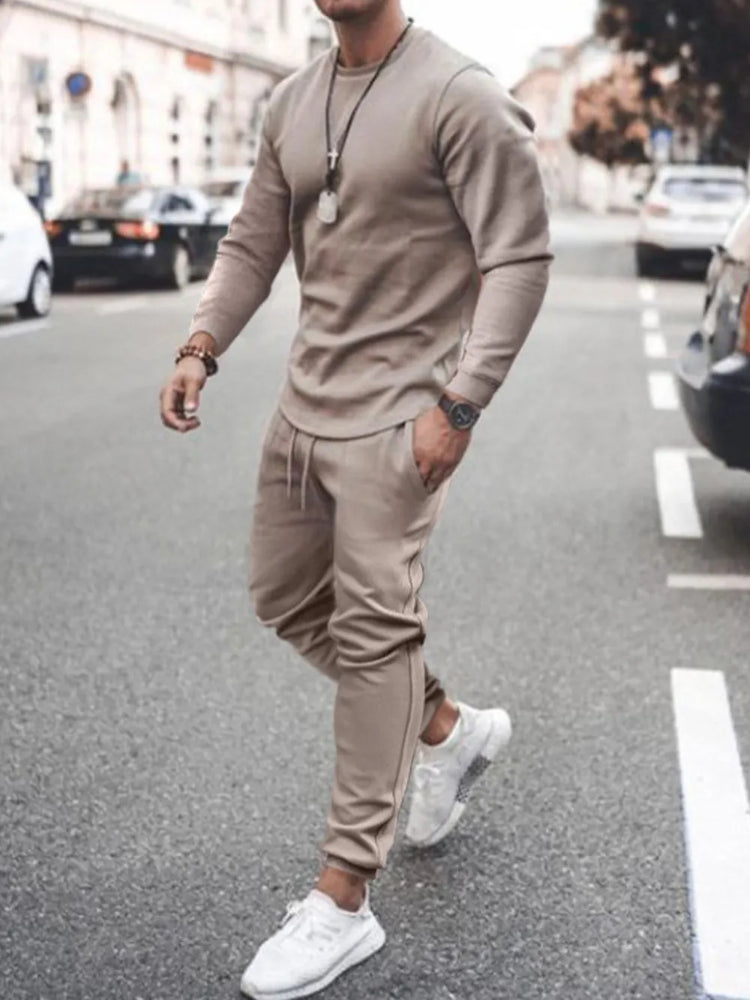 Men's Full Size Round Neck Long Sleeve Top and Pants Set Plus Size.