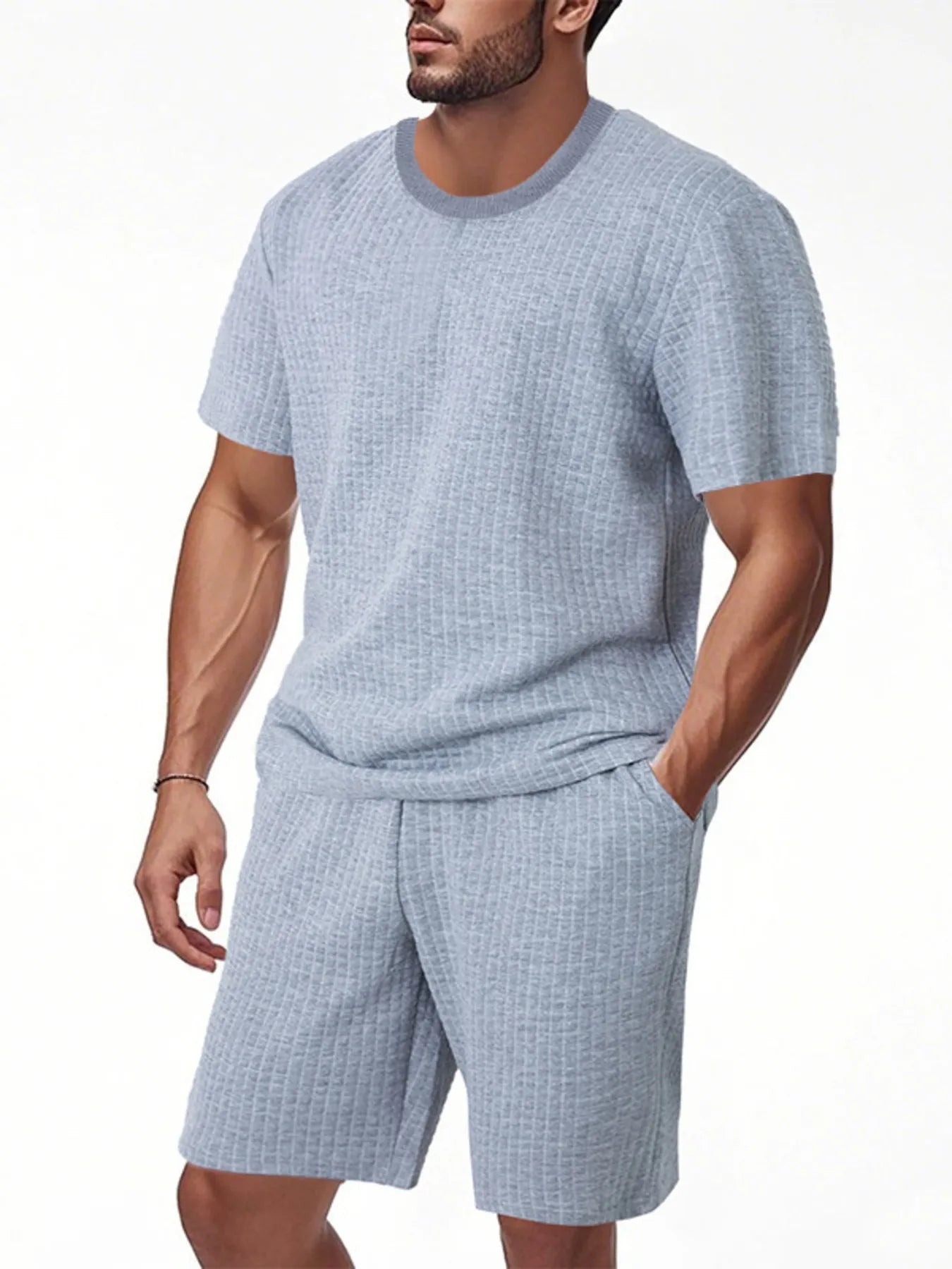 
                  
                    Men's Full Size Textured Round Neck Top and Shorts Set Plus SIze.
                  
                