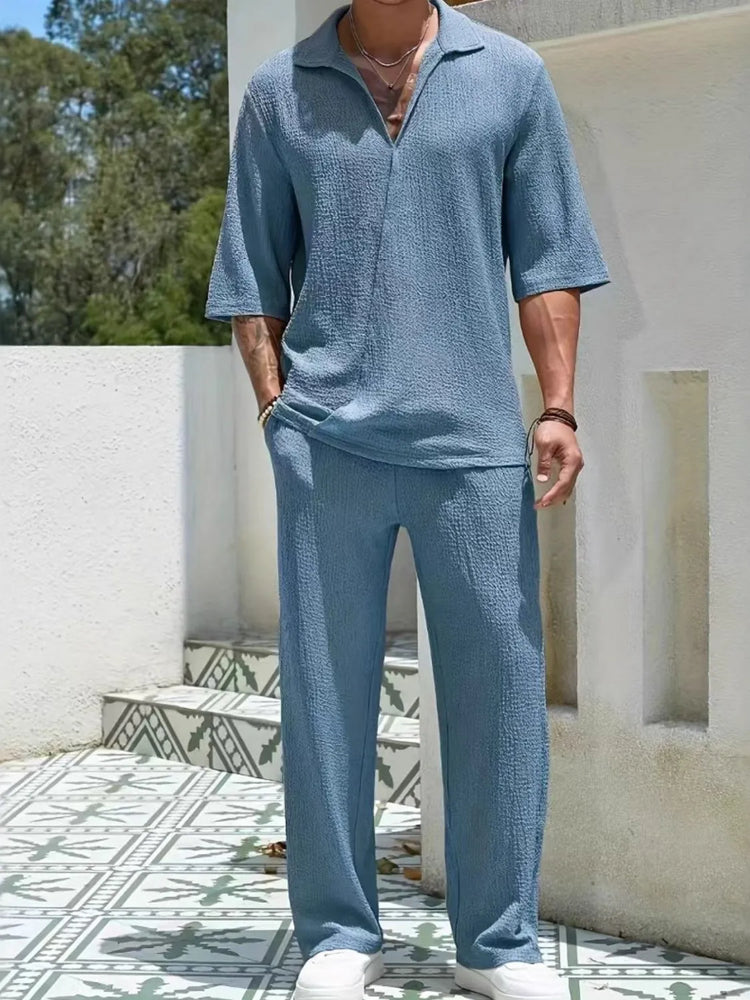 Men's Johnny Collar Half Sleeve Top and Pants Set.
