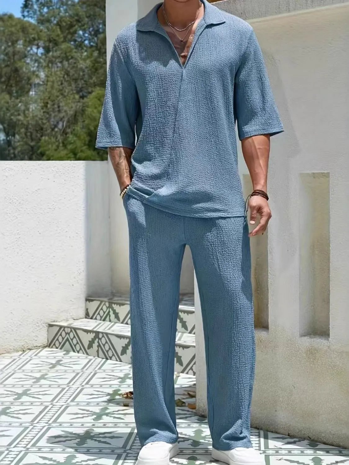 Men's Johnny Collar Half Sleeve Top and Pants Set.