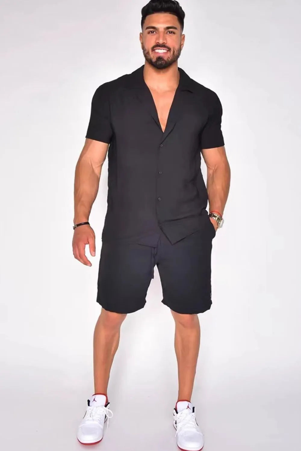 Men's Full Size Button Up Short Sleeve Top and Shorts Set Plus Size.
