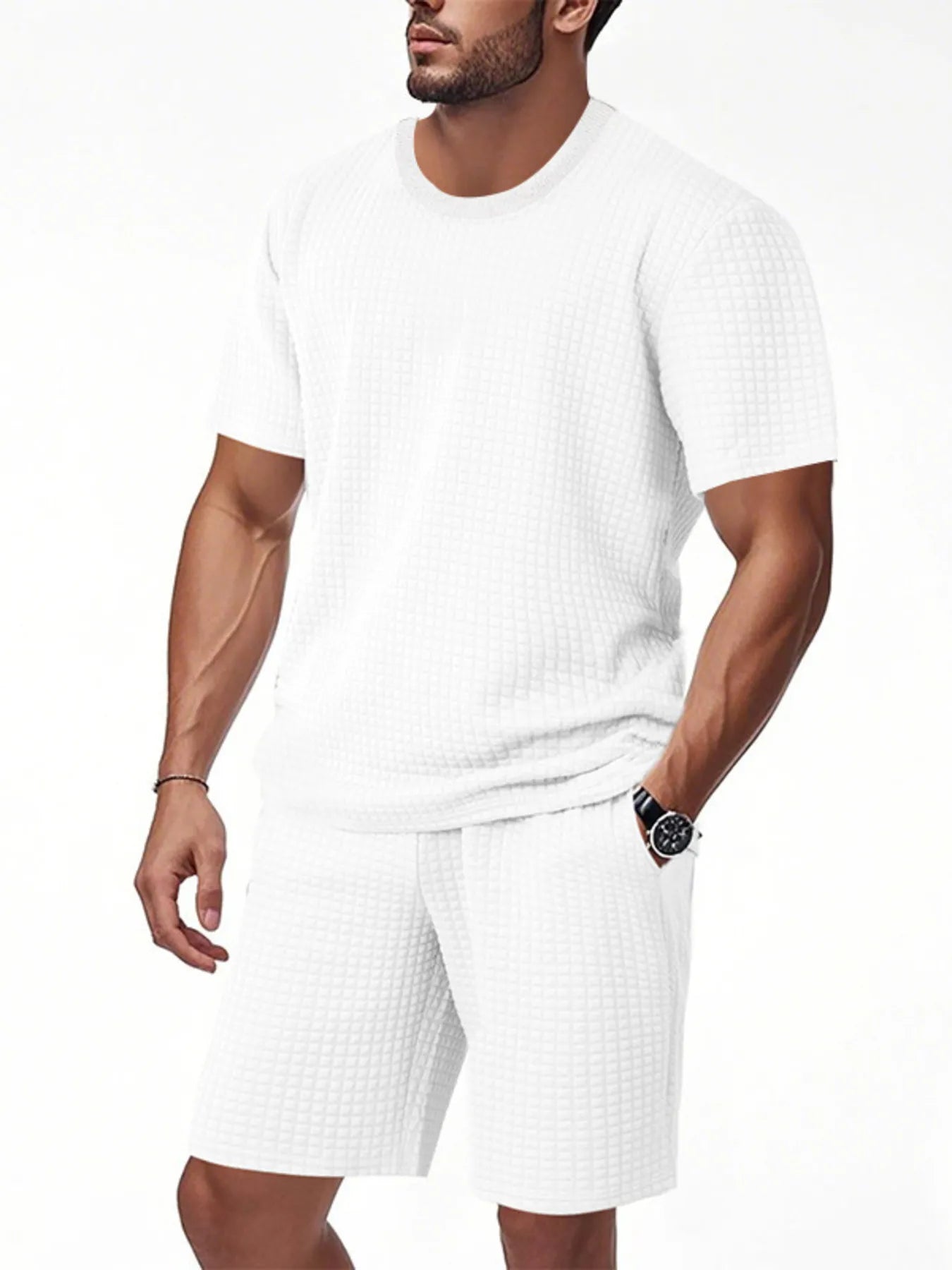 
                  
                    Men's Full Size Textured Round Neck Top and Shorts Set Plus SIze.
                  
                