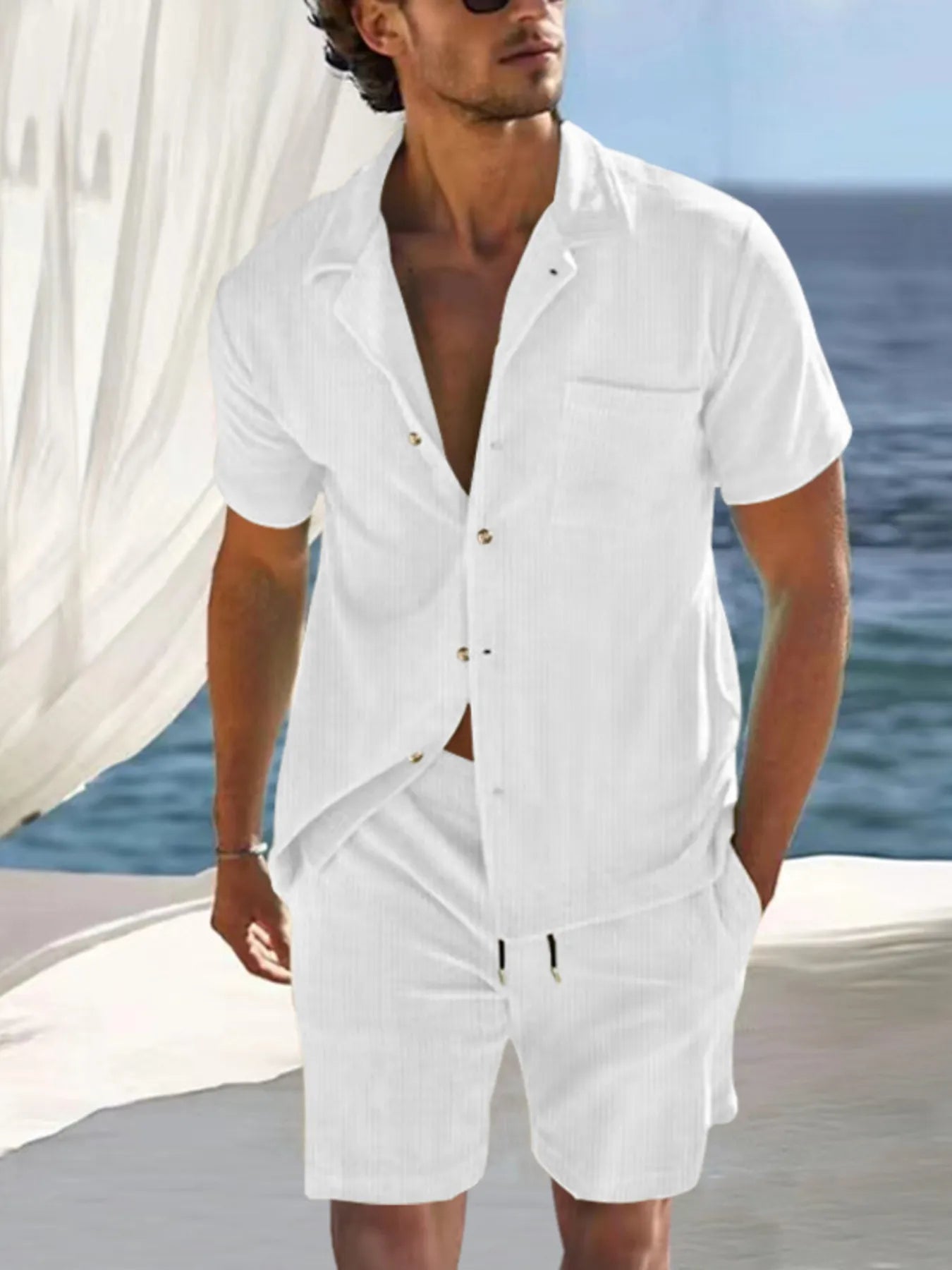 
                  
                    Men's Full Size Button Detail Short Sleeve Top and Shorts Set Plus Size.
                  
                