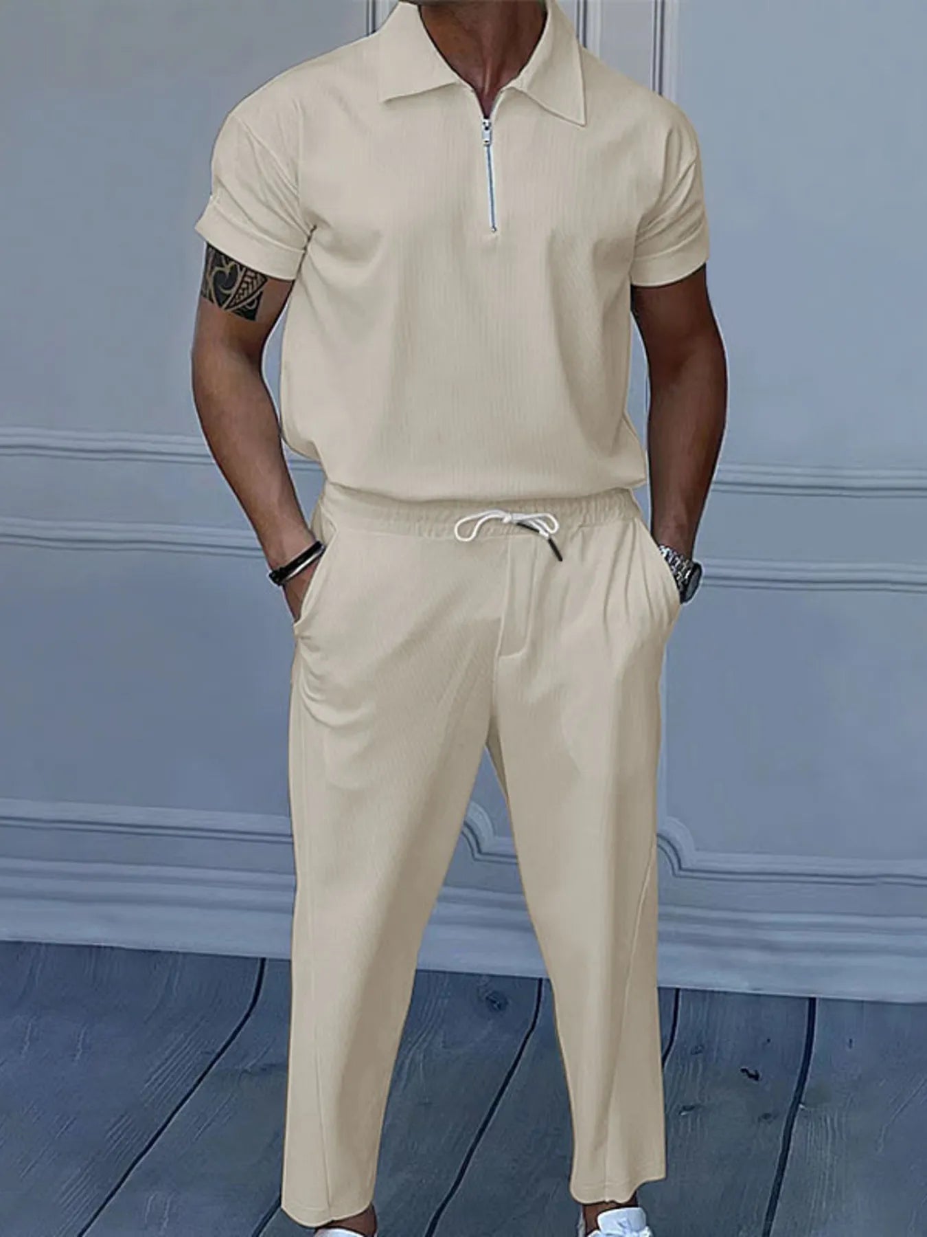Men's Full Size Quarter Zip Short Sleeve Polo and Pants Set Plus Size.