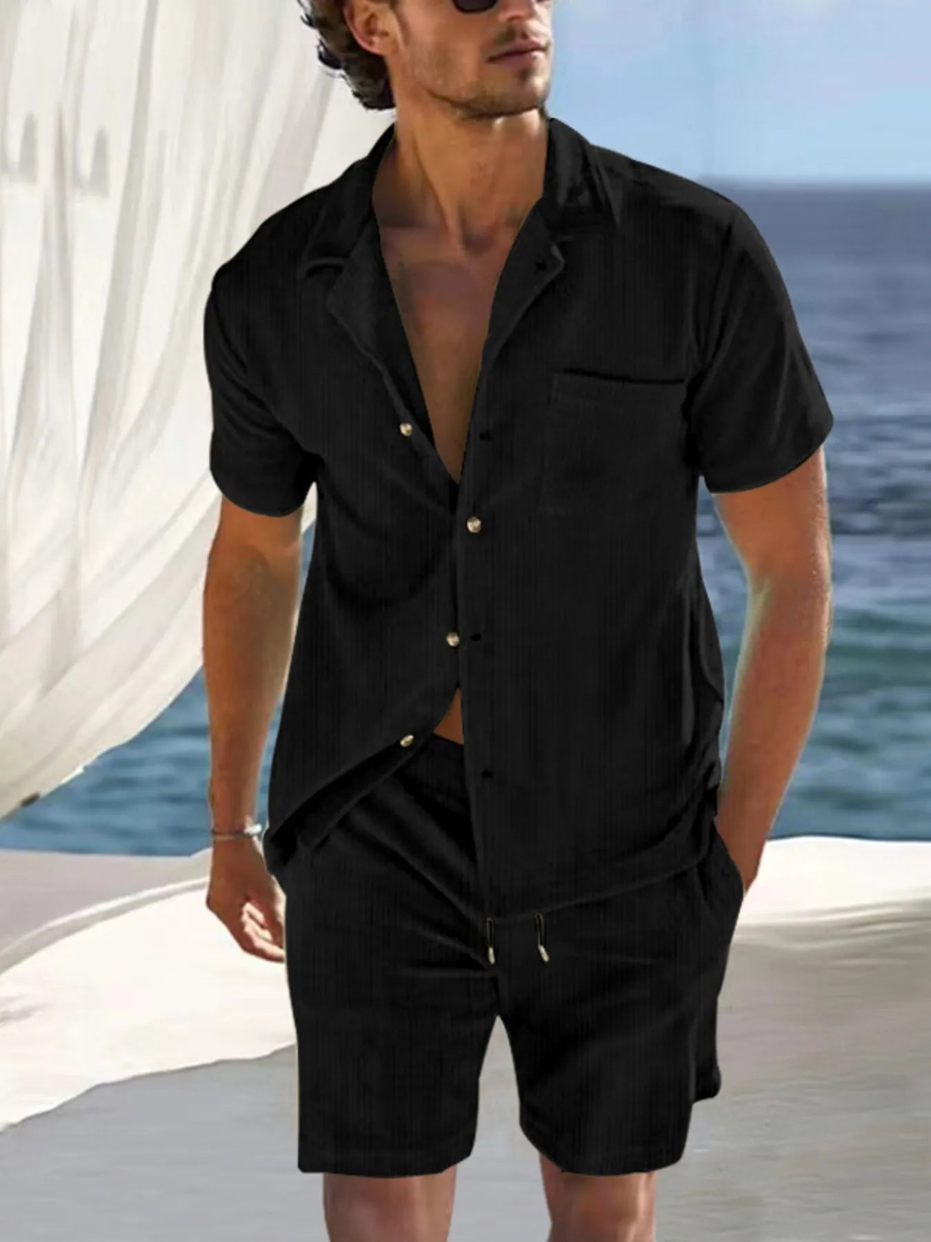
                  
                    Men's Full Size Button Detail Short Sleeve Top and Shorts Set Plus Size.
                  
                