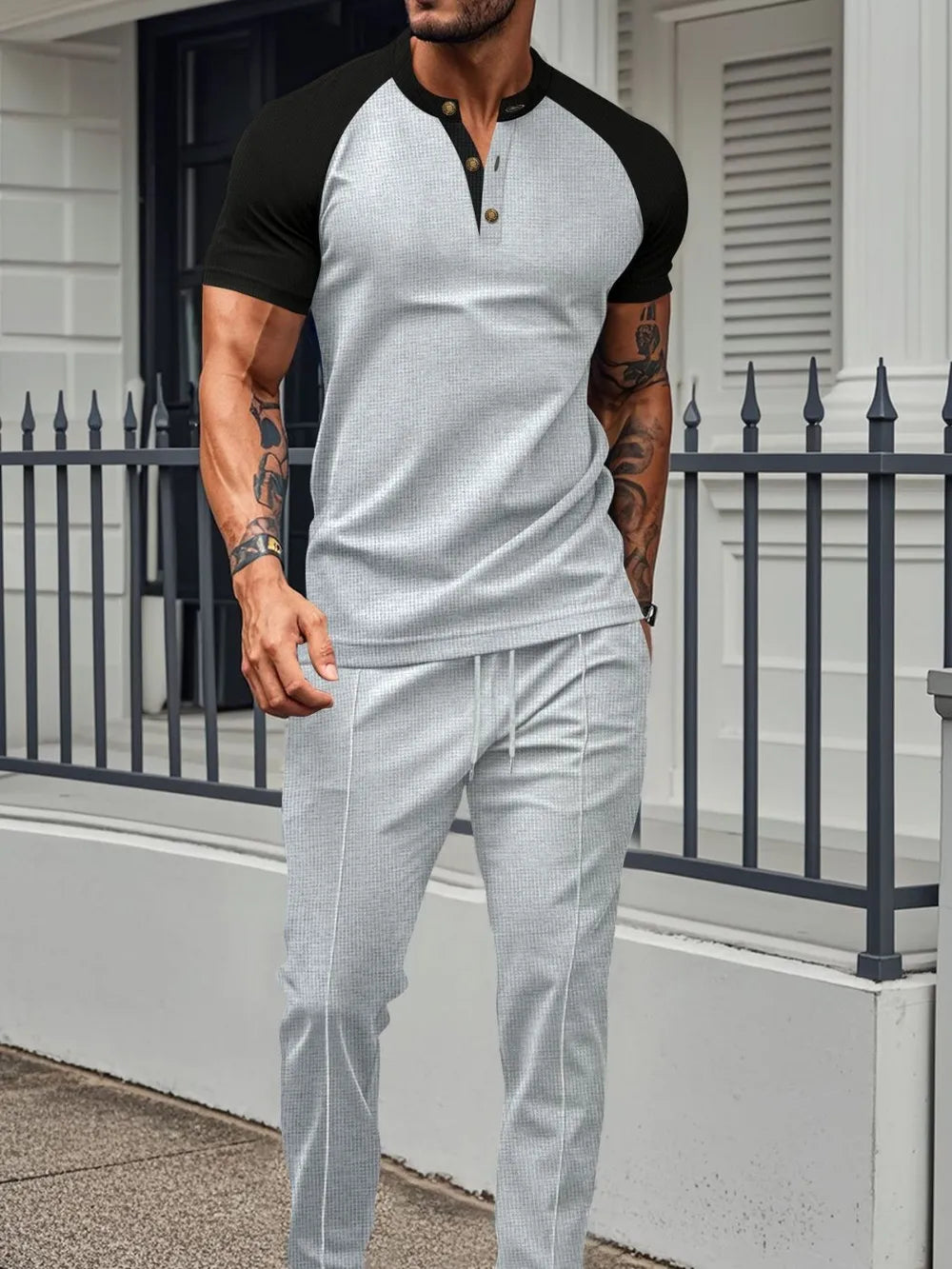 Men's Full Size Waffle-Knit Contrast Top and Drawstring Pants Set Plus Size.