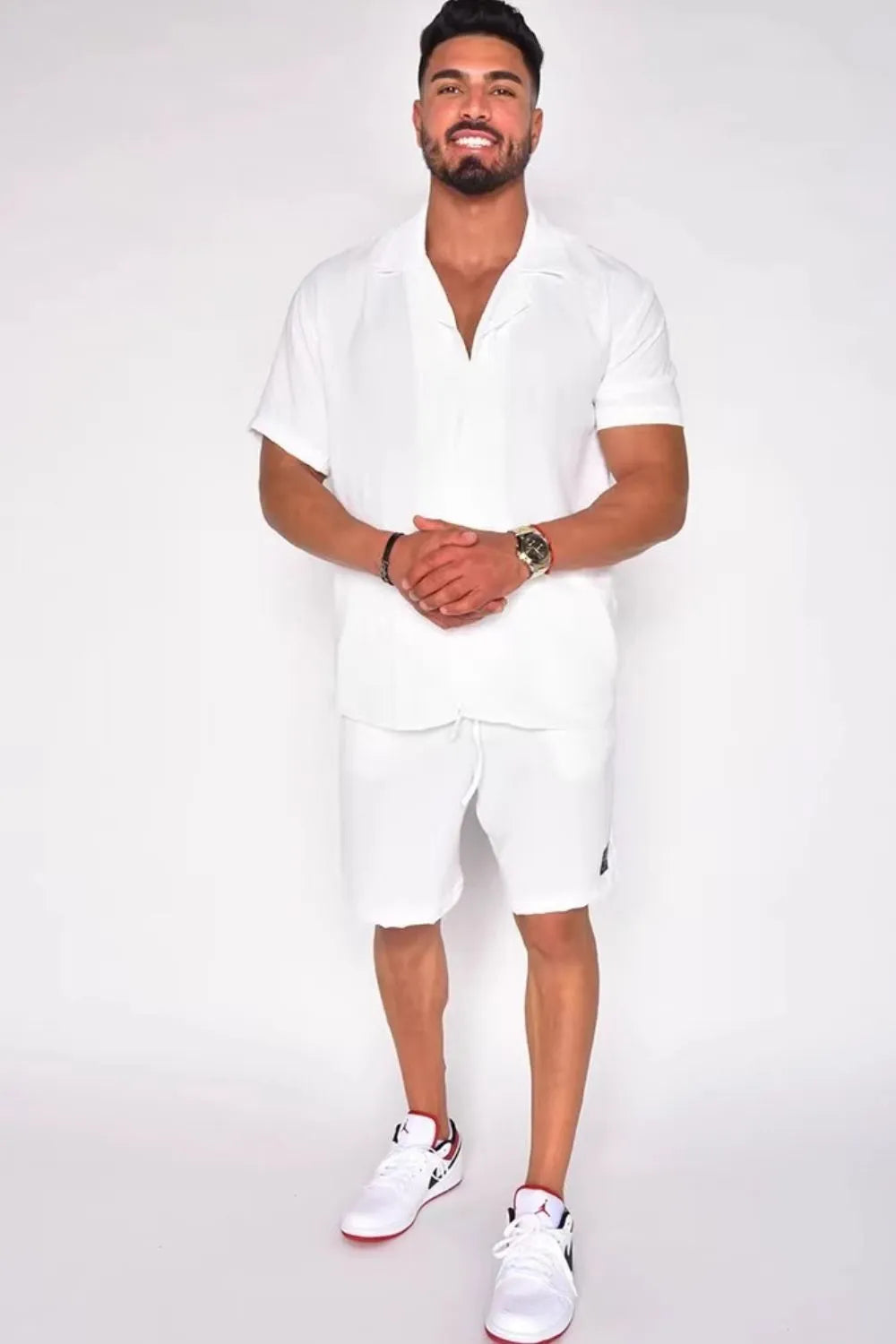 Men's Full Size Button Up Short Sleeve Top and Shorts Set Plus Size.