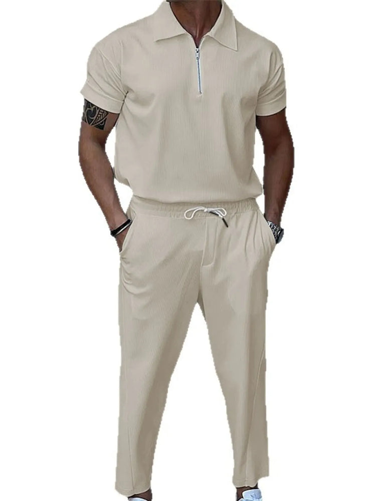 
                  
                    Men's Full Size Quarter Zip Short Sleeve Polo and Pants Set Plus Size.
                  
                