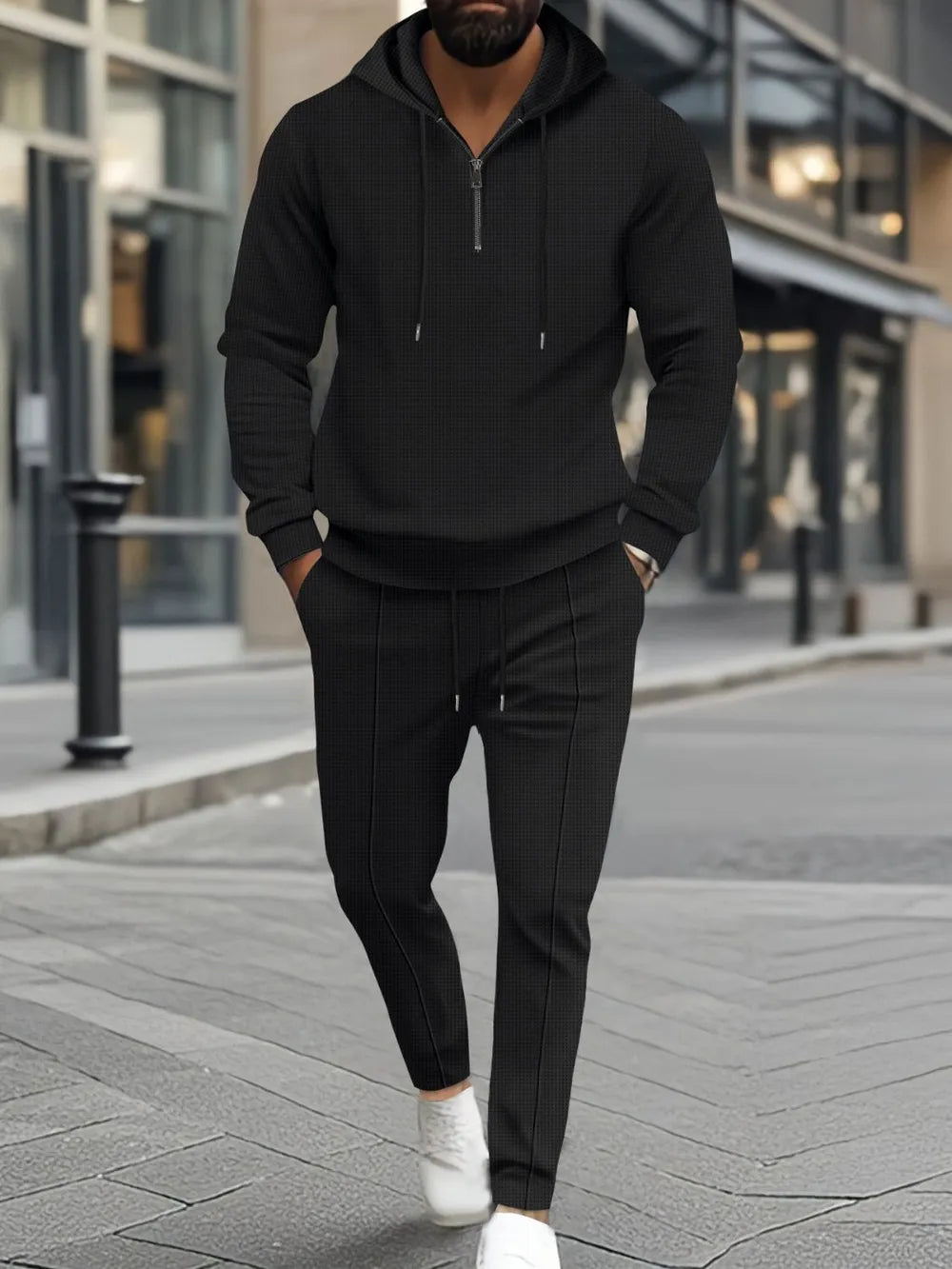 Men's Full Size Waffle-Knit Half Zipper Hoodie and Pants Set Plus Size.