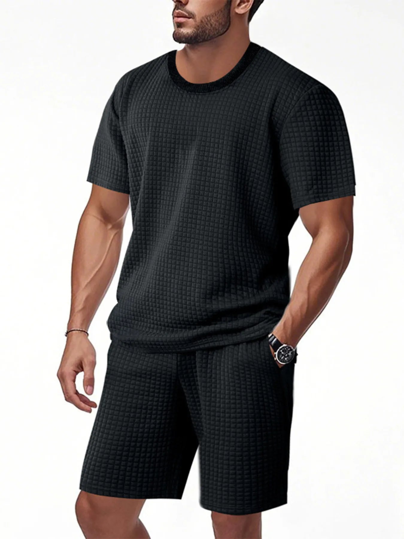 
                  
                    Men's Full Size Textured Round Neck Top and Shorts Set Plus SIze.
                  
                