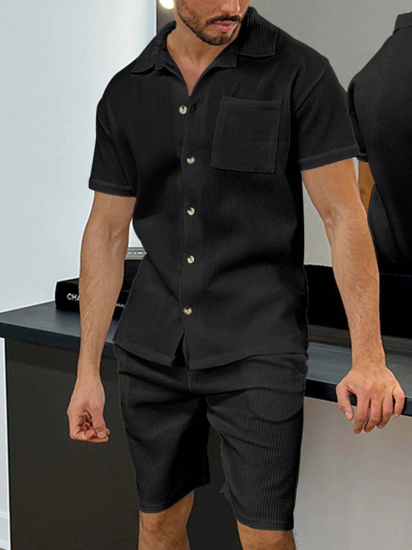 Men's Full Size Button Up Top and Shorts Set Plus Size.
