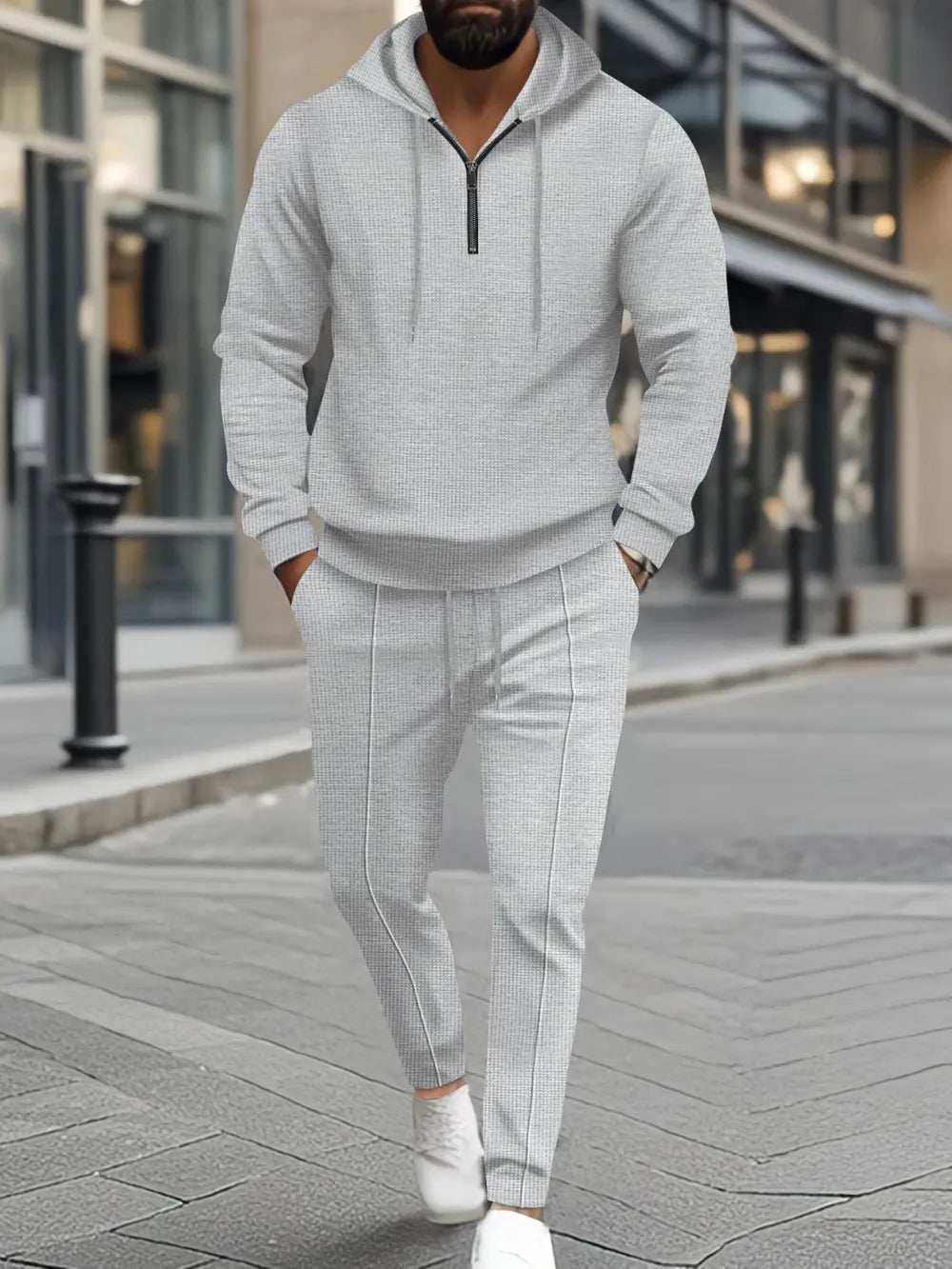 
                  
                    Men's Full Size Waffle-Knit Half Zipper Hoodie and Pants Set Plus Size.
                  
                