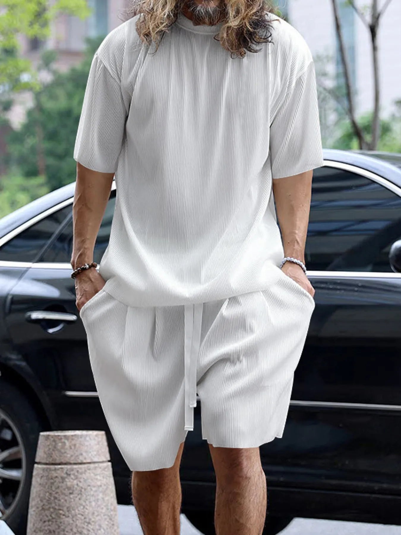 Men's Full Size Round Neck Short Sleeve Top and Shorts Set Plus Size.