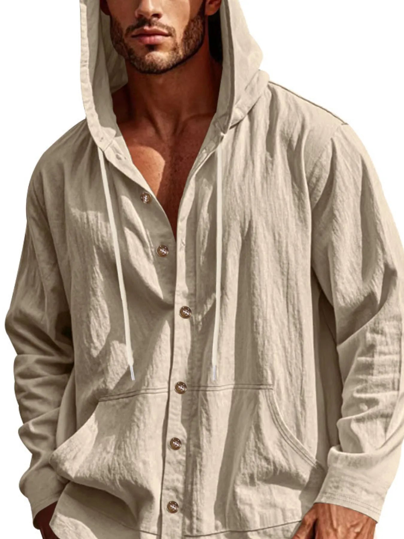 
                  
                    Men's Full Size Drawstring Button Up Hooded Top Plus Size.
                  
                