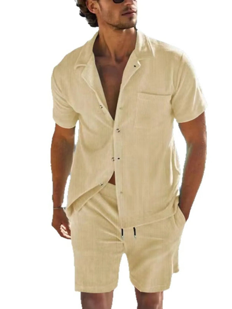 Men's Full Size Button Detail Short Sleeve Top and Shorts Set Plus Size.