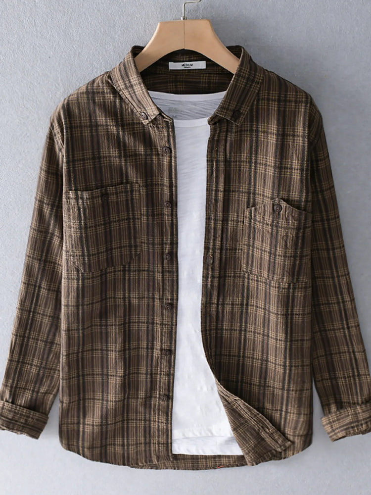 Men's Plus Size Button Up Long Sleeve Plaid Shirt.