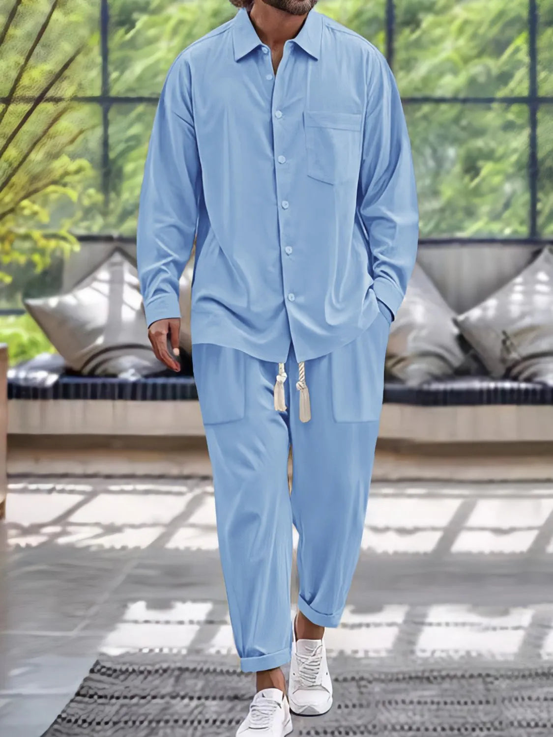 Men's Button Down Long Sleeve Shirt and Pants Set.