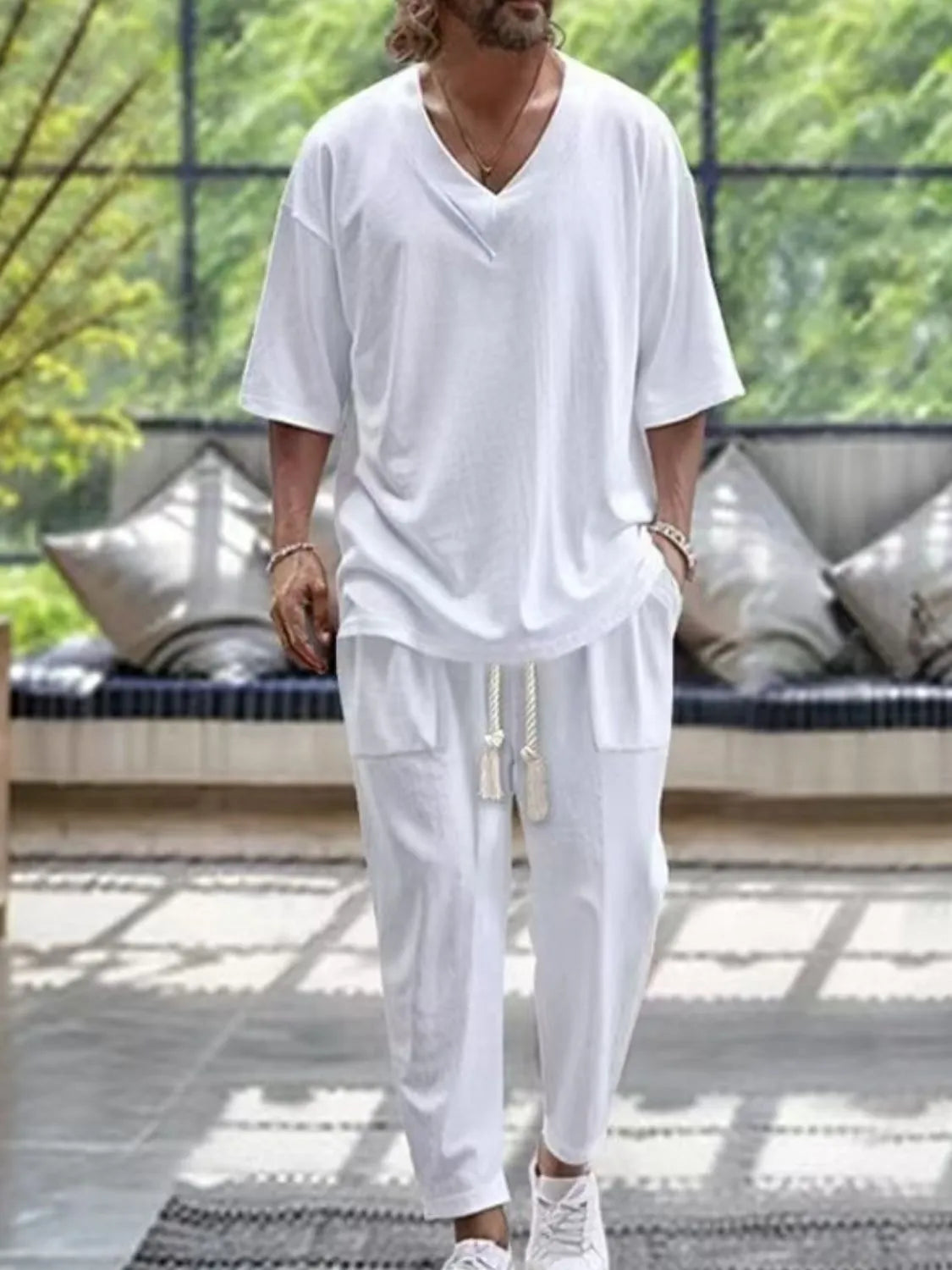 Men's V-Neck Half Sleeve Top and Pants Set.