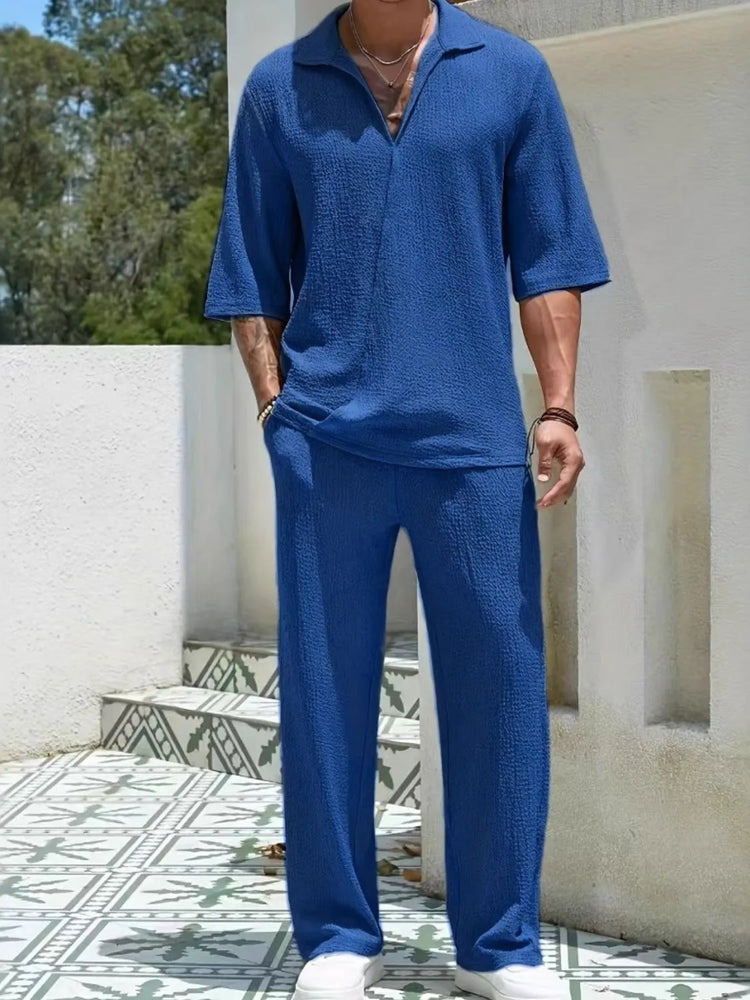 Men's Johnny Collar Half Sleeve Top and Pants Set.