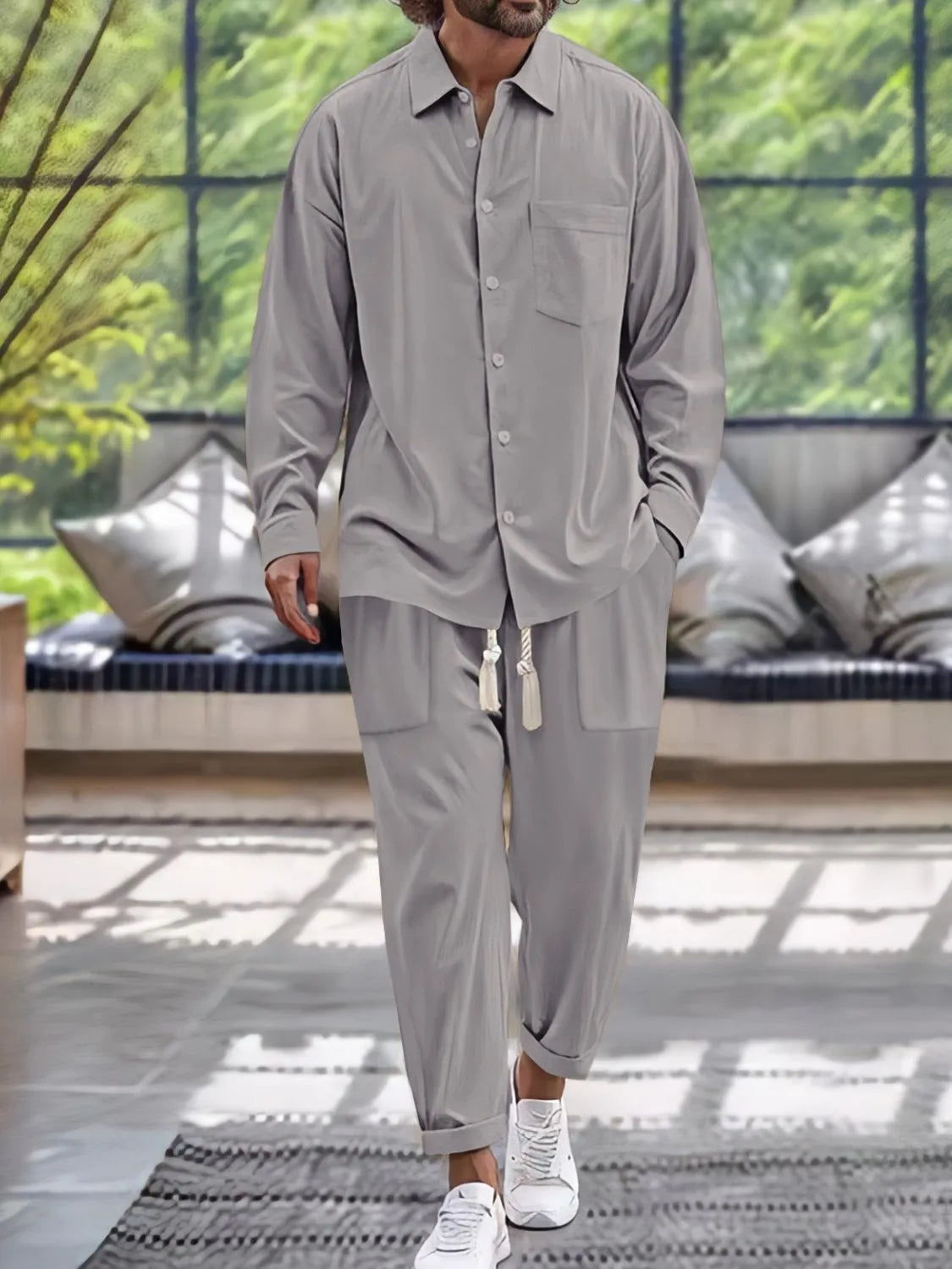 
                  
                    Men's Button Down Long Sleeve Shirt and Pants Set.
                  
                