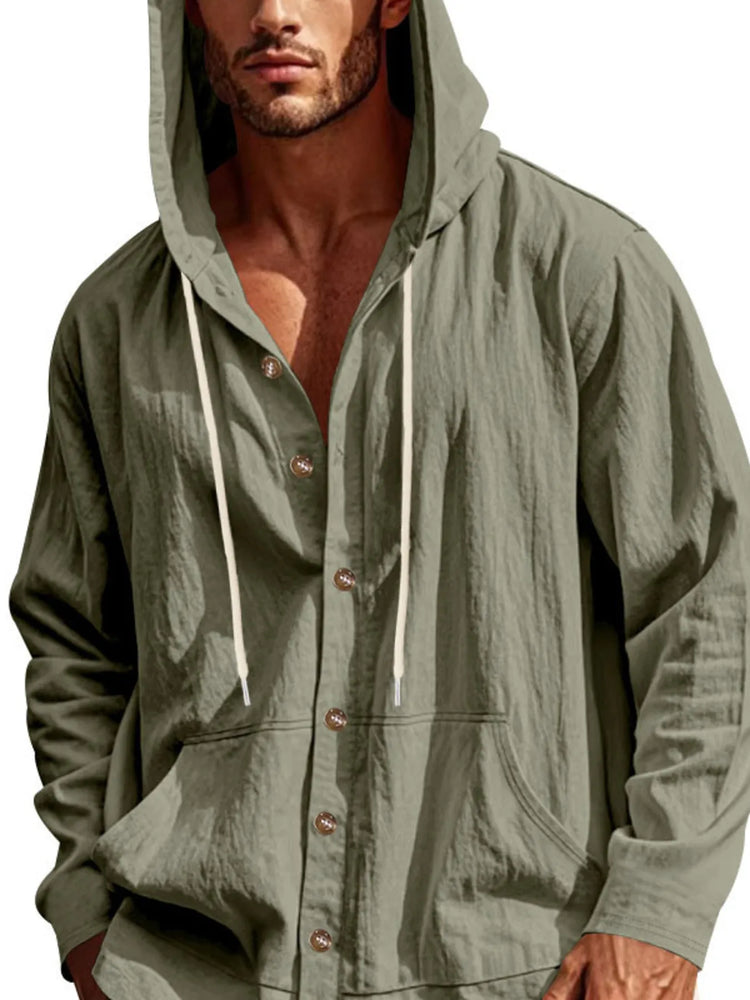 
                  
                    Men's Full Size Drawstring Button Up Hooded Top Plus Size.
                  
                