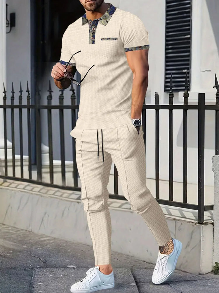 Men's Full Size Waffle Knit Short Sleeve Polo and Pants Set Plus Size.