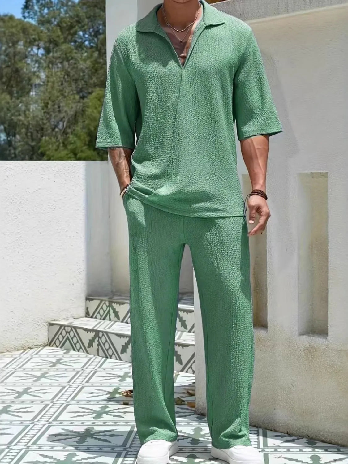 
                  
                    Men's Johnny Collar Half Sleeve Top and Pants Set.
                  
                