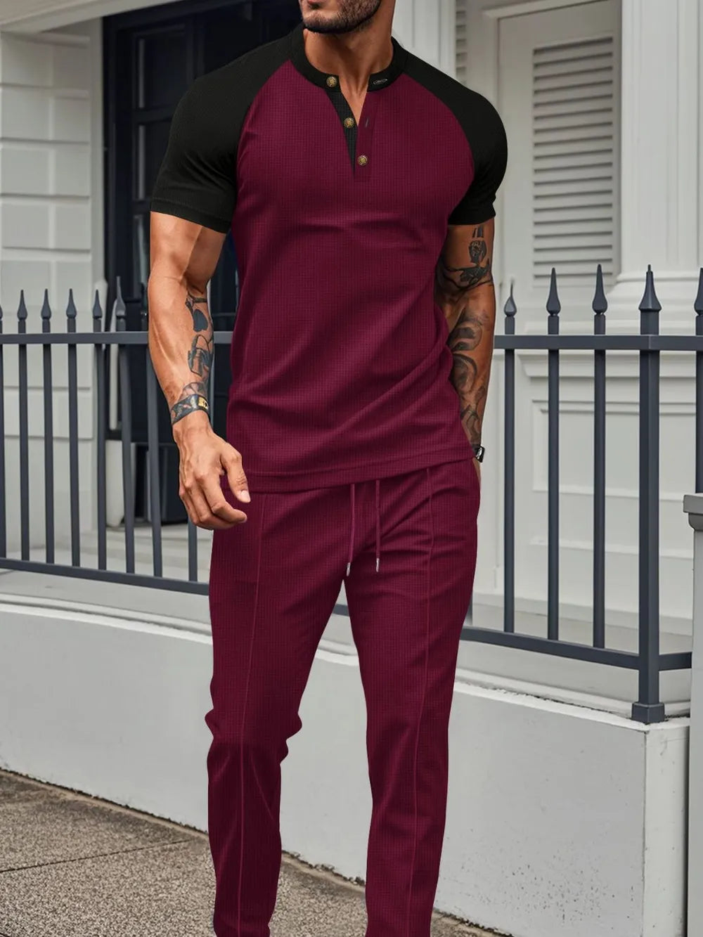 
                  
                    Men's Full Size Waffle-Knit Contrast Top and Drawstring Pants Set Plus Size.
                  
                