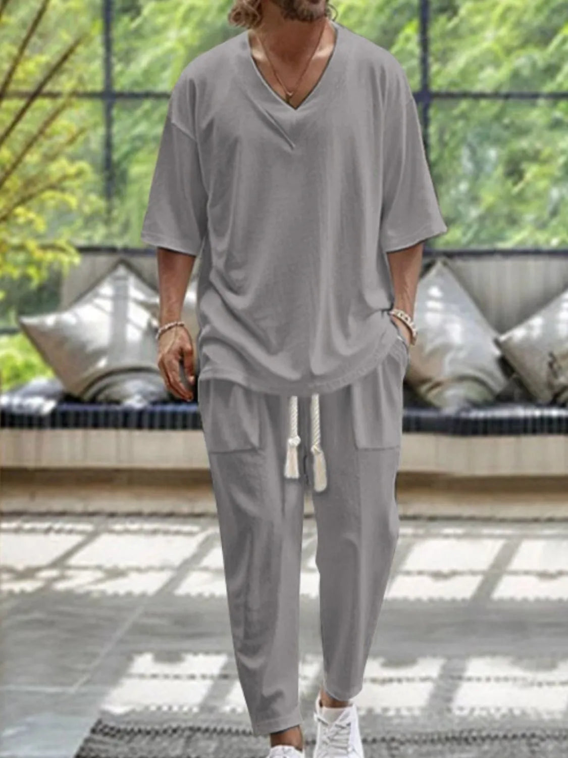 
                  
                    Men's V-Neck Half Sleeve Top and Pants Set.
                  
                