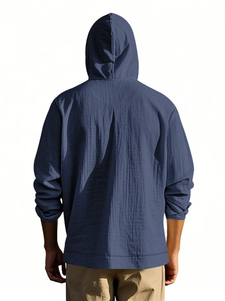 Men's Full Size Drawstring Button Up Hooded Top Plus Size.