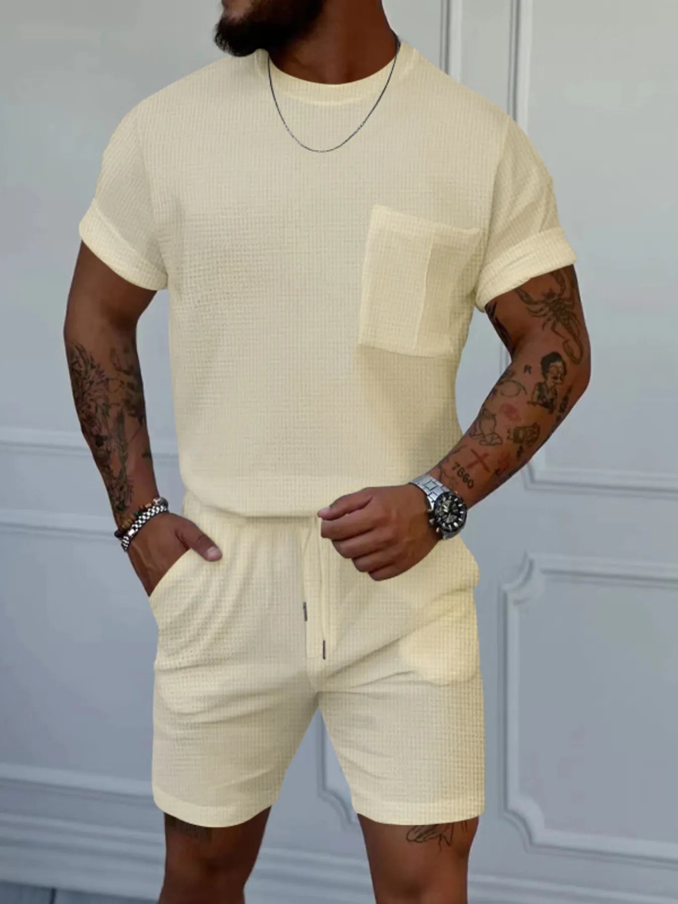 Men's Full Size Round Neck Short Sleeve Top and Shorts Set Plus Size.
