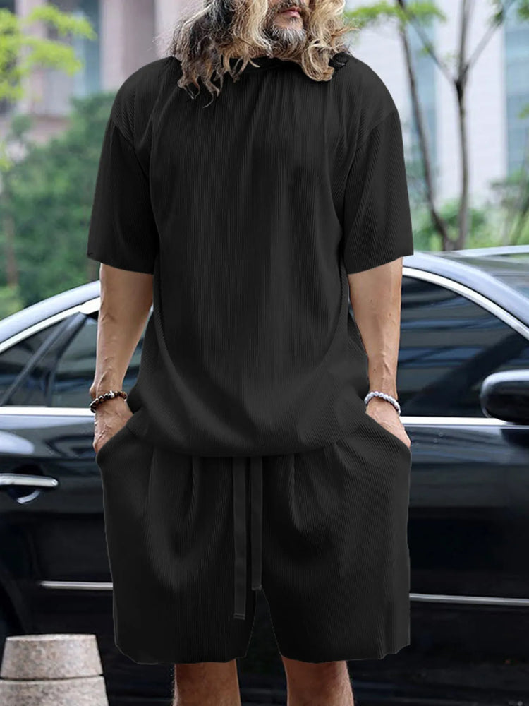 Men's Full Size Round Neck Short Sleeve Top and Shorts Set Plus Size.
