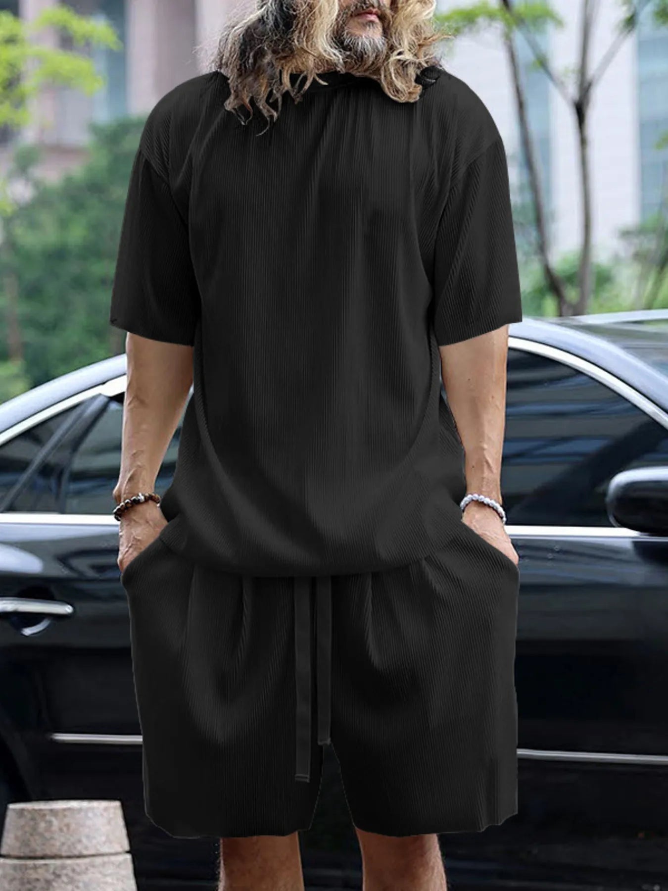 Men's Full Size Round Neck Short Sleeve Top and Shorts Set Plus Size.