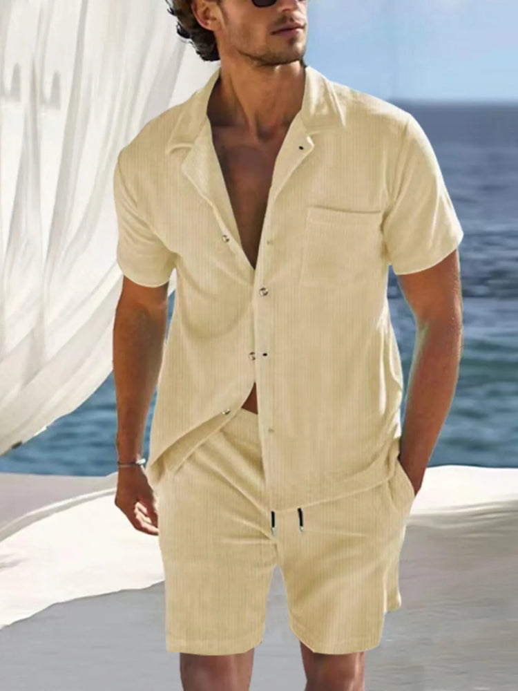 Men's Full Size Button Detail Short Sleeve Top and Shorts Set Plus Size.