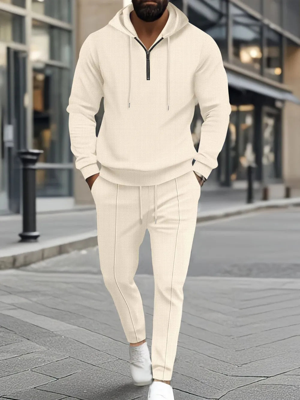 Men's Full Size Waffle-Knit Half Zipper Hoodie and Pants Set Plus Size.