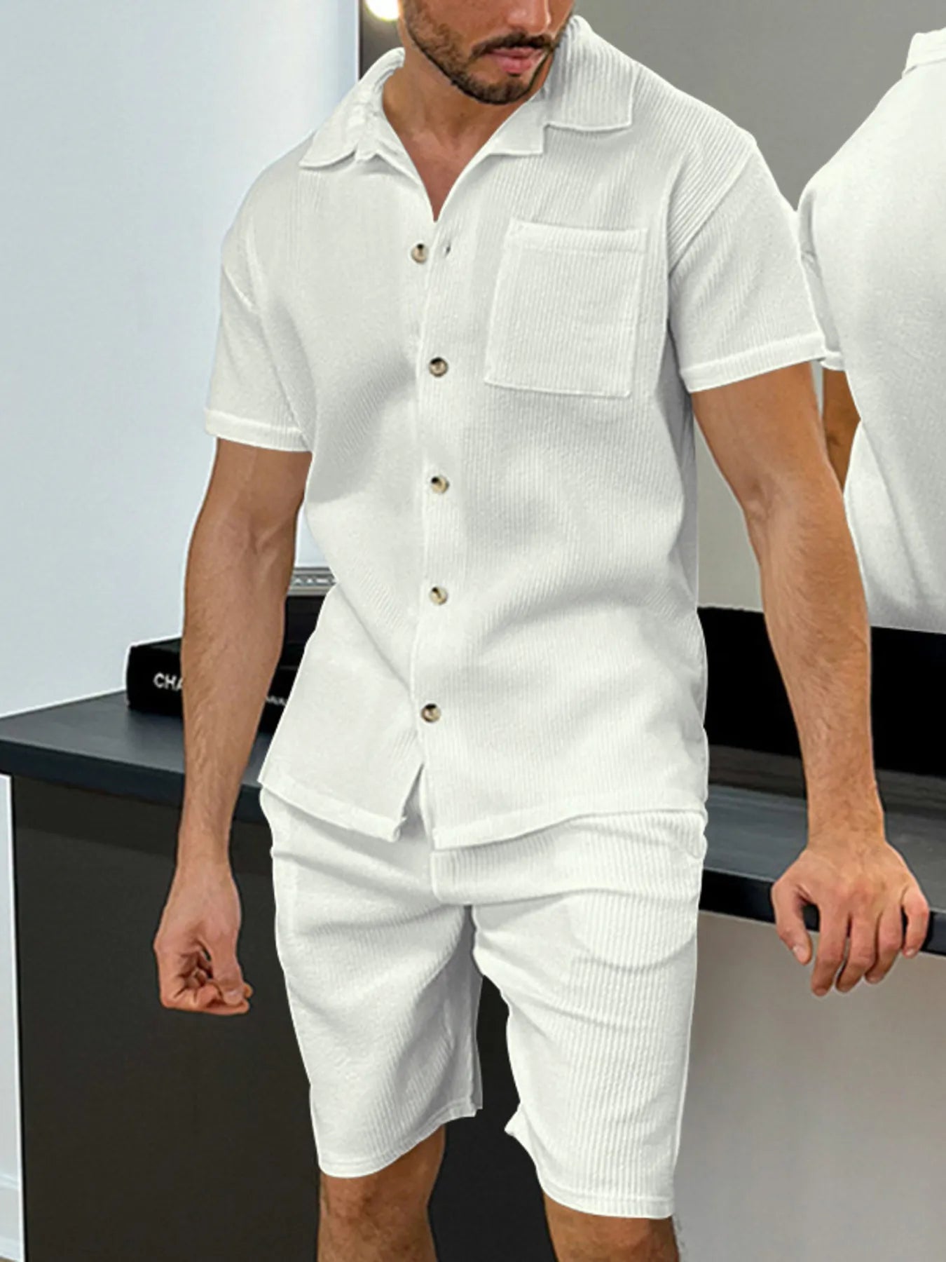 Men's Full Size Button Up Top and Shorts Set Plus Size.