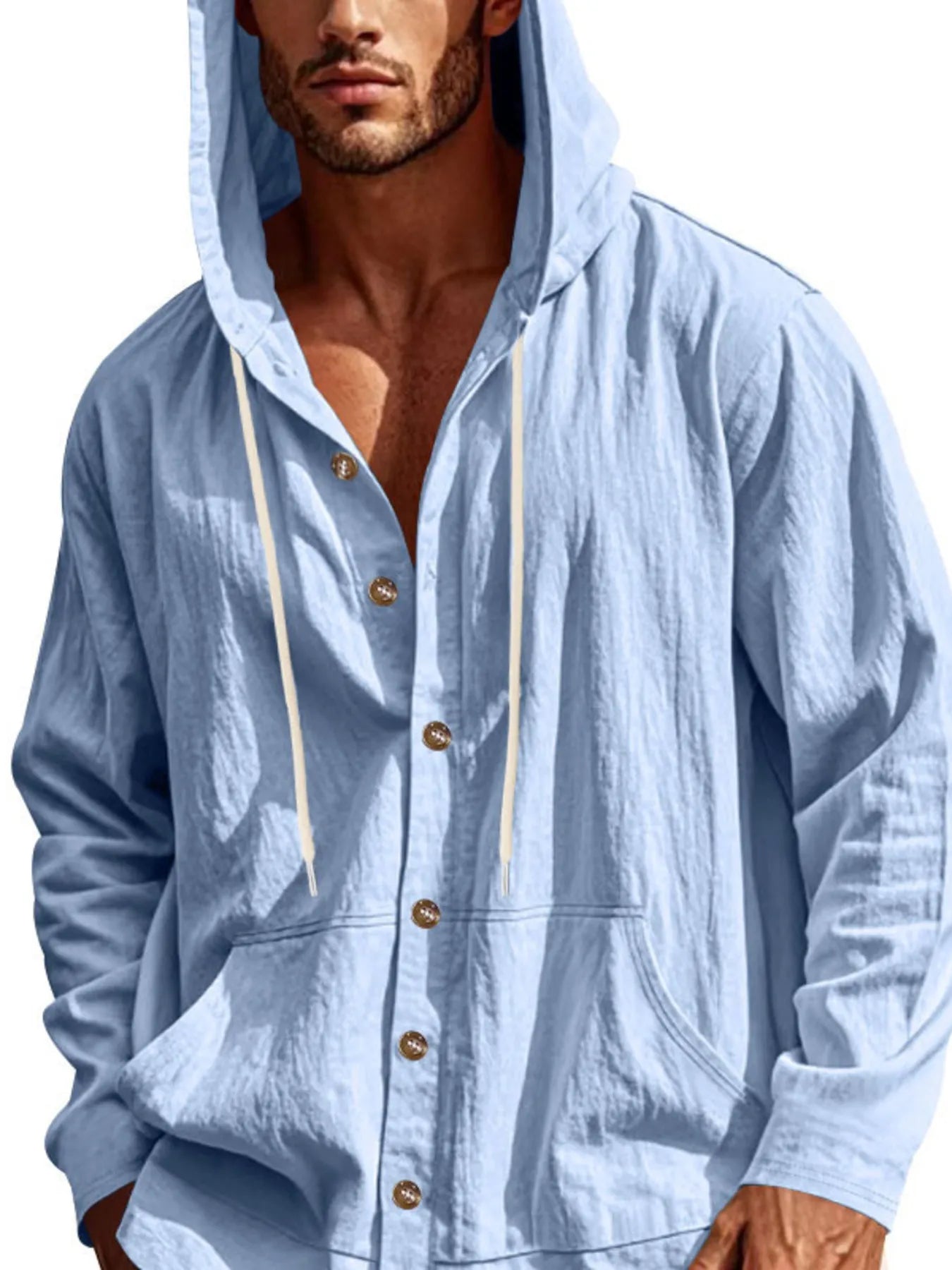 
                  
                    Men's Full Size Drawstring Button Up Hooded Top Plus Size.
                  
                