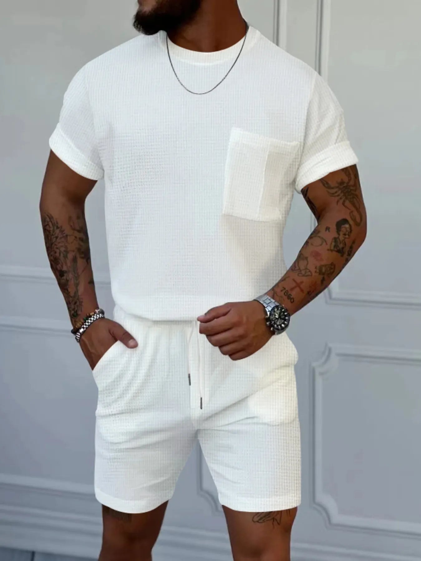 Men's Full Size Round Neck Short Sleeve Top and Shorts Set Plus Size.