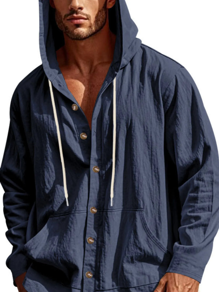 Men's Full Size Drawstring Button Up Hooded Top Plus Size.