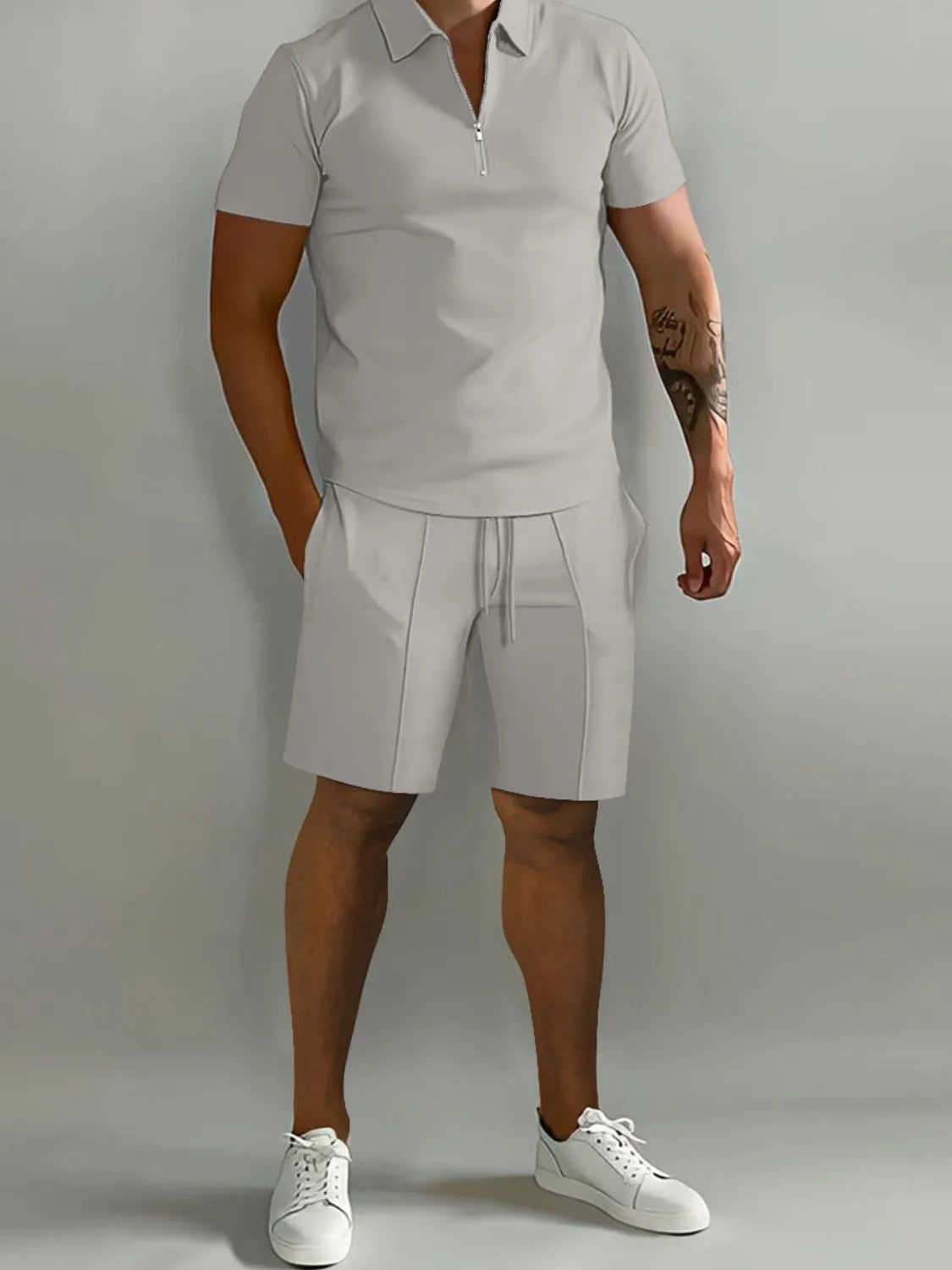 Men's Full Size Collared Neck Short Sleeve Top and Shorts Set Plus Size.