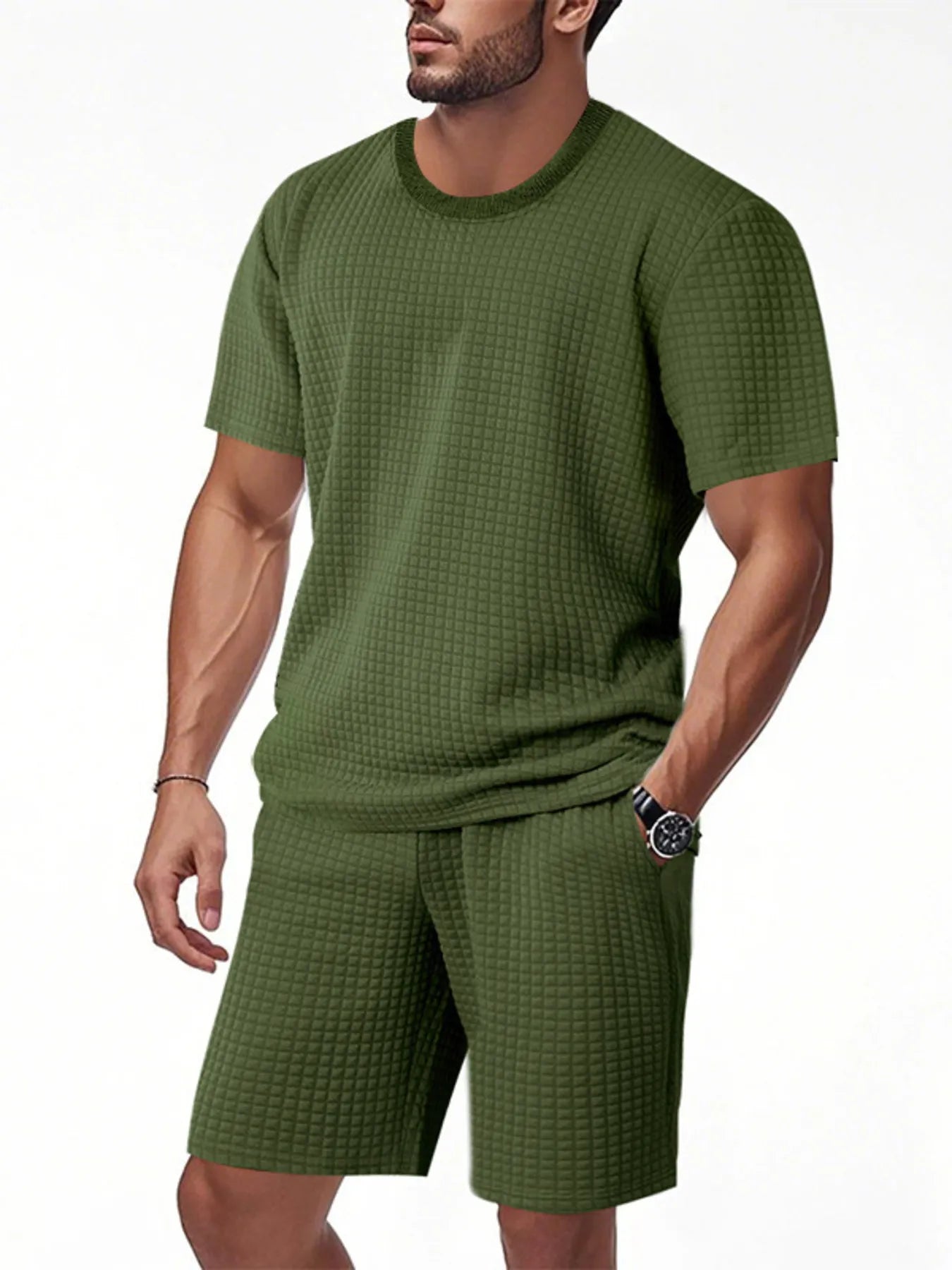 Men's Full Size Textured Round Neck Top and Shorts Set Plus SIze.