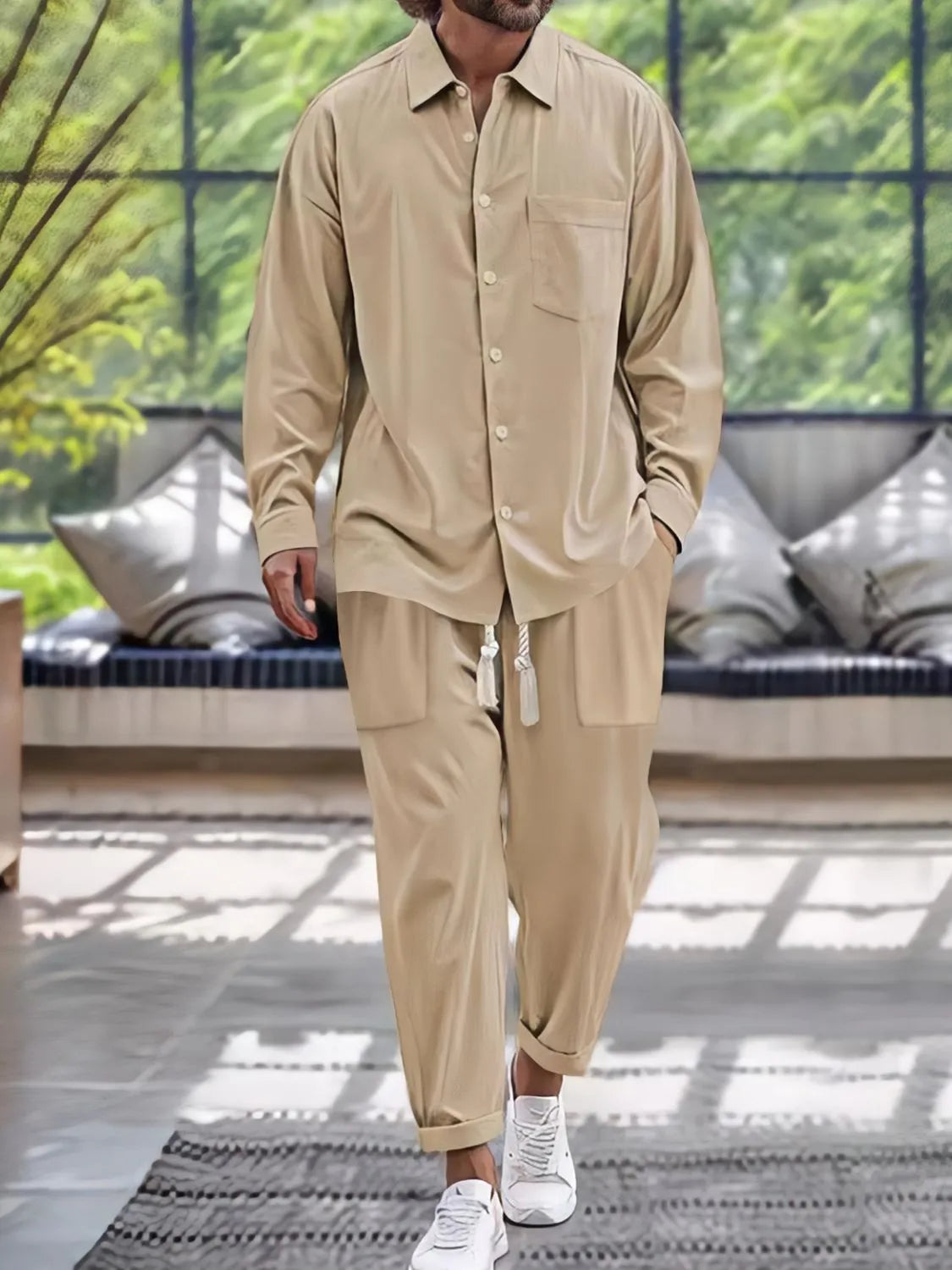 
                  
                    Men's Button Down Long Sleeve Shirt and Pants Set.
                  
                