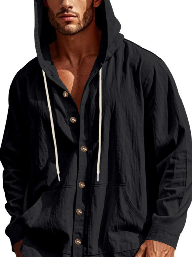 
                  
                    Men's Full Size Drawstring Button Up Hooded Top Plus Size.
                  
                