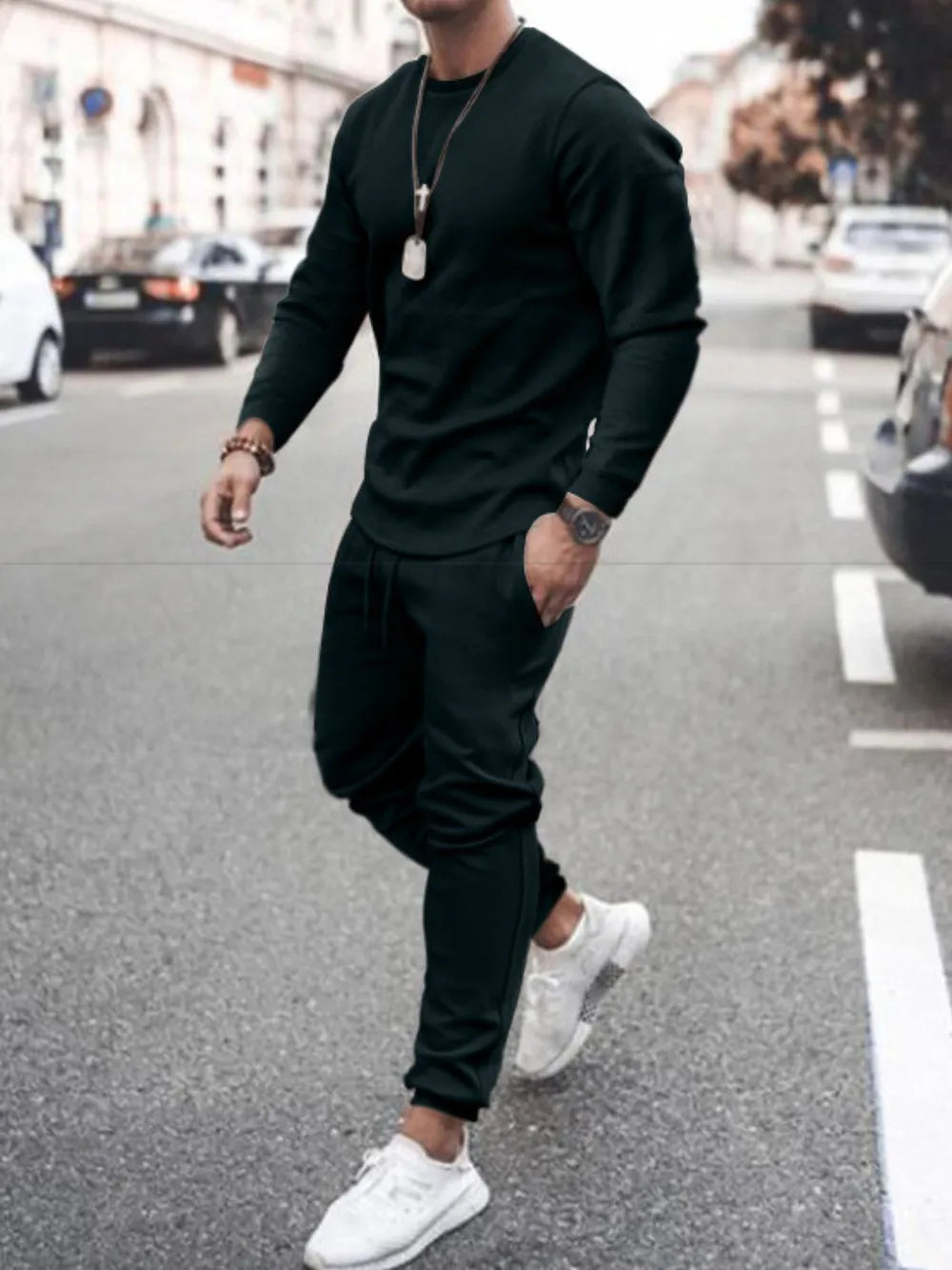 Men's Full Size Round Neck Long Sleeve Top and Pants Set Plus Size.