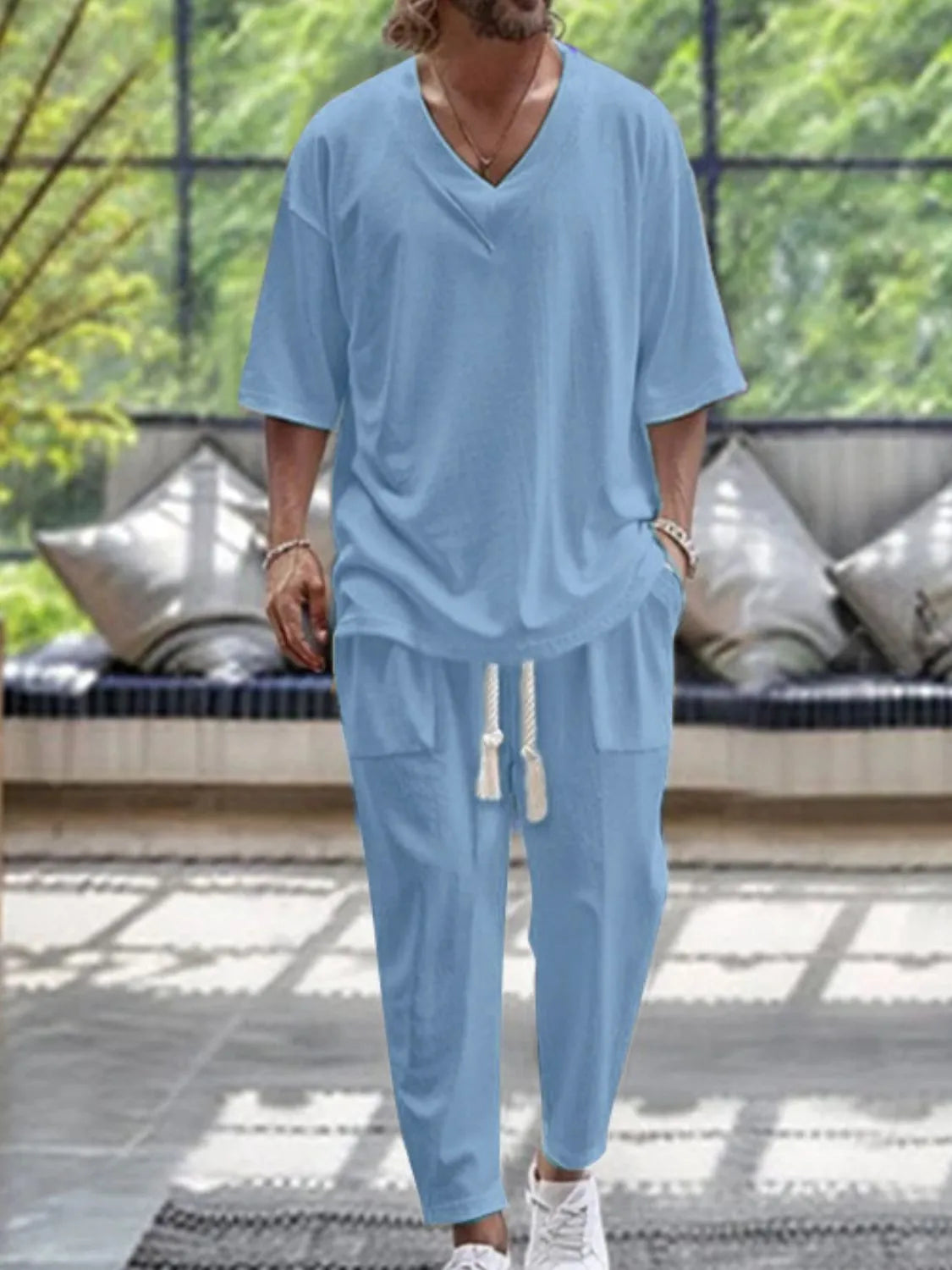 Men's V-Neck Half Sleeve Top and Pants Set.