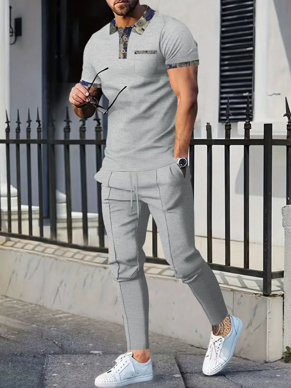 Men's Full Size Waffle Knit Short Sleeve Polo and Pants Set Plus Size.